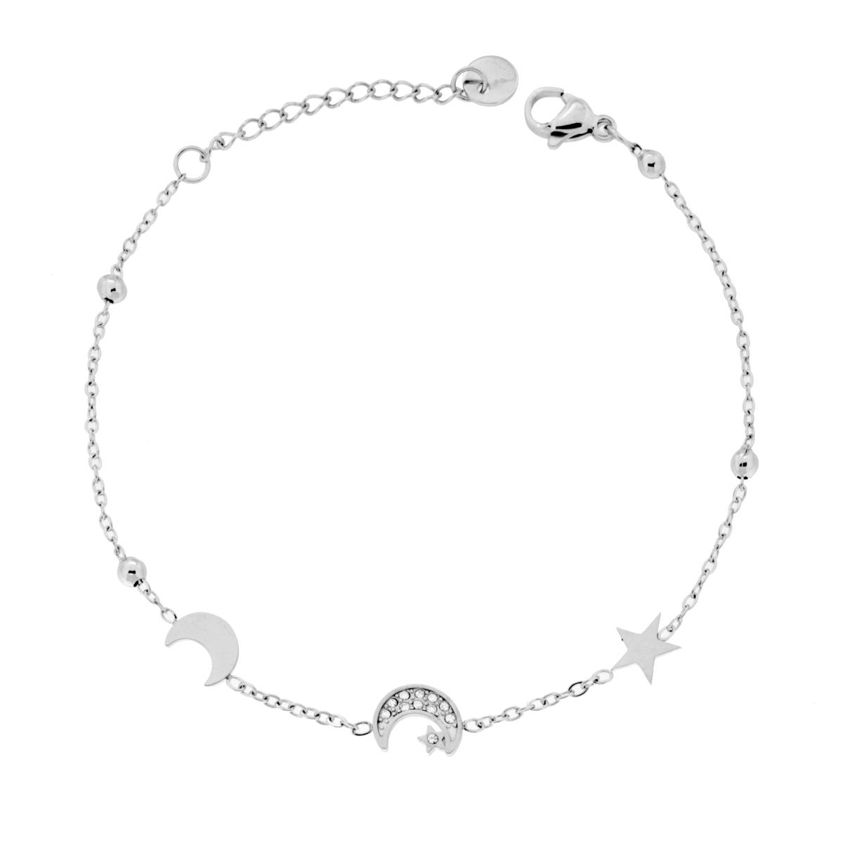 Bracciale Catena Forzatina Diamantata con Luna e Stelle e Crystal Bianchi in ACCIAIO