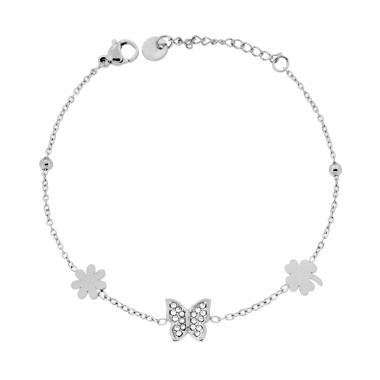 Bracciale Catena Forzatina Diamantata con Farfalla Quadrifoglio Fiore e Crystal Bianchi in ACCIAIO