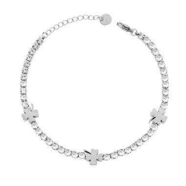 Bracciale Tennis con Quadrifogli e Crystal Bianchi in ACCIAIO