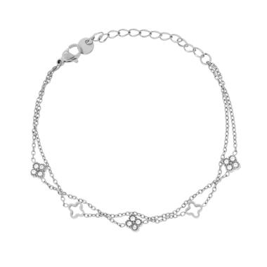 Bracciale due fili Catena Forzatina Diamantata con Quadrifogli e Crystal Bianchi in ACCIAIO
