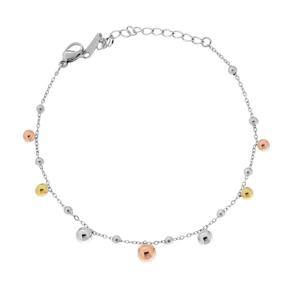 Bracciale Catena Forzatina Diamantata con Palline Multicolor pendenti in ACCIAIO colore Oro Acciaio e Rosa
