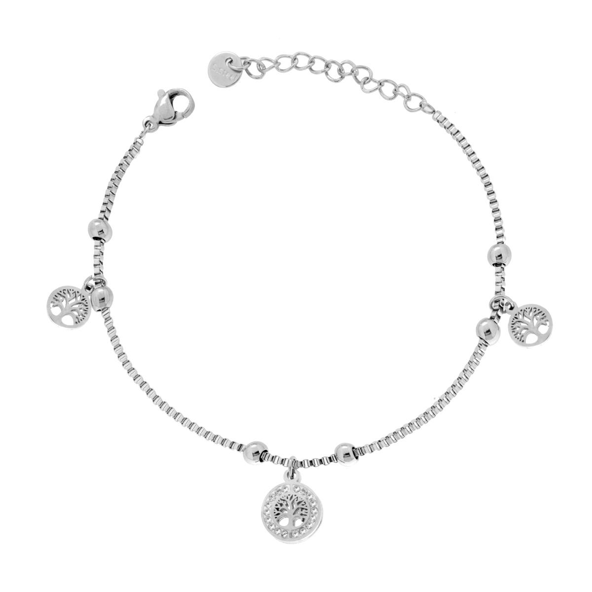 Bracciale Catena Veneziana Diamantata con Albero della Vita pendenti e Crystal Bianchi in ACCIAIO