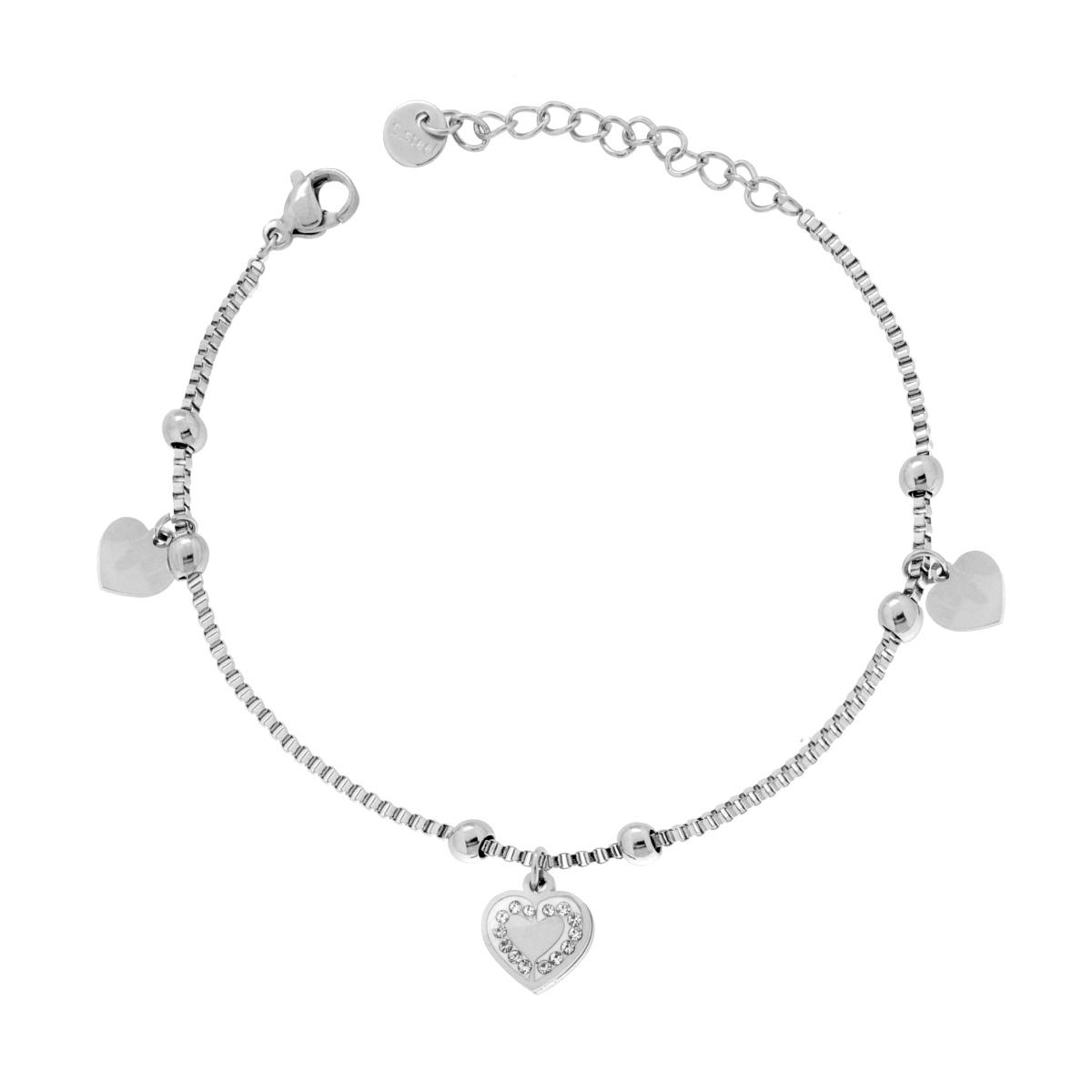 Bracciale Catena Veneziana Diamantata con Cuori pendenti e Crystal Bianchi in ACCIAIO