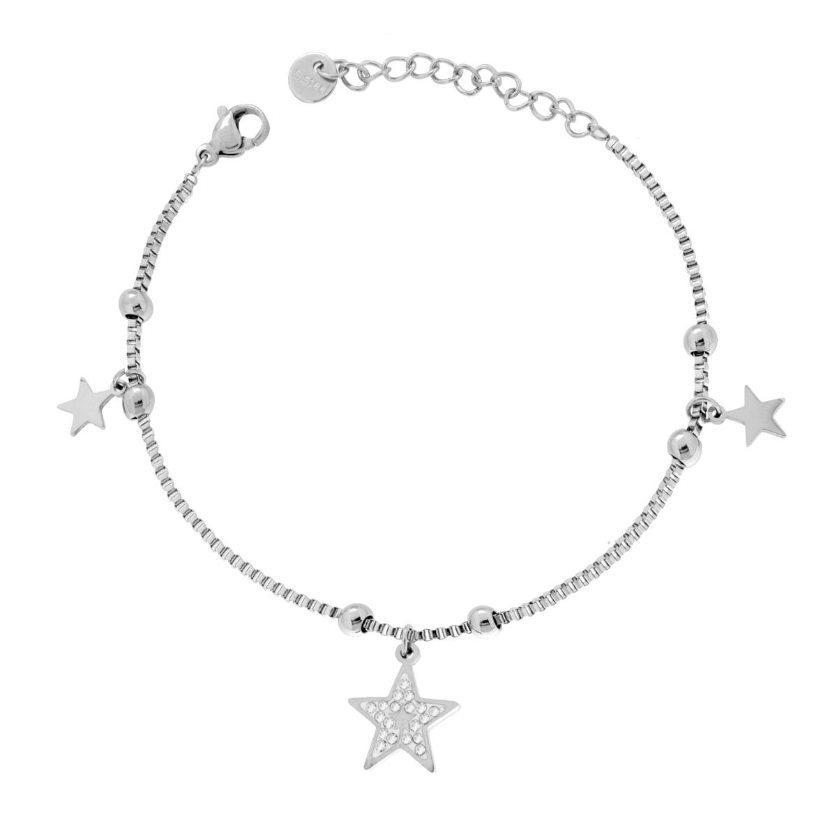 Bracciale Catena Veneziana Diamantata con Stelle pendenti e Crystal Bianchi in ACCIAIO