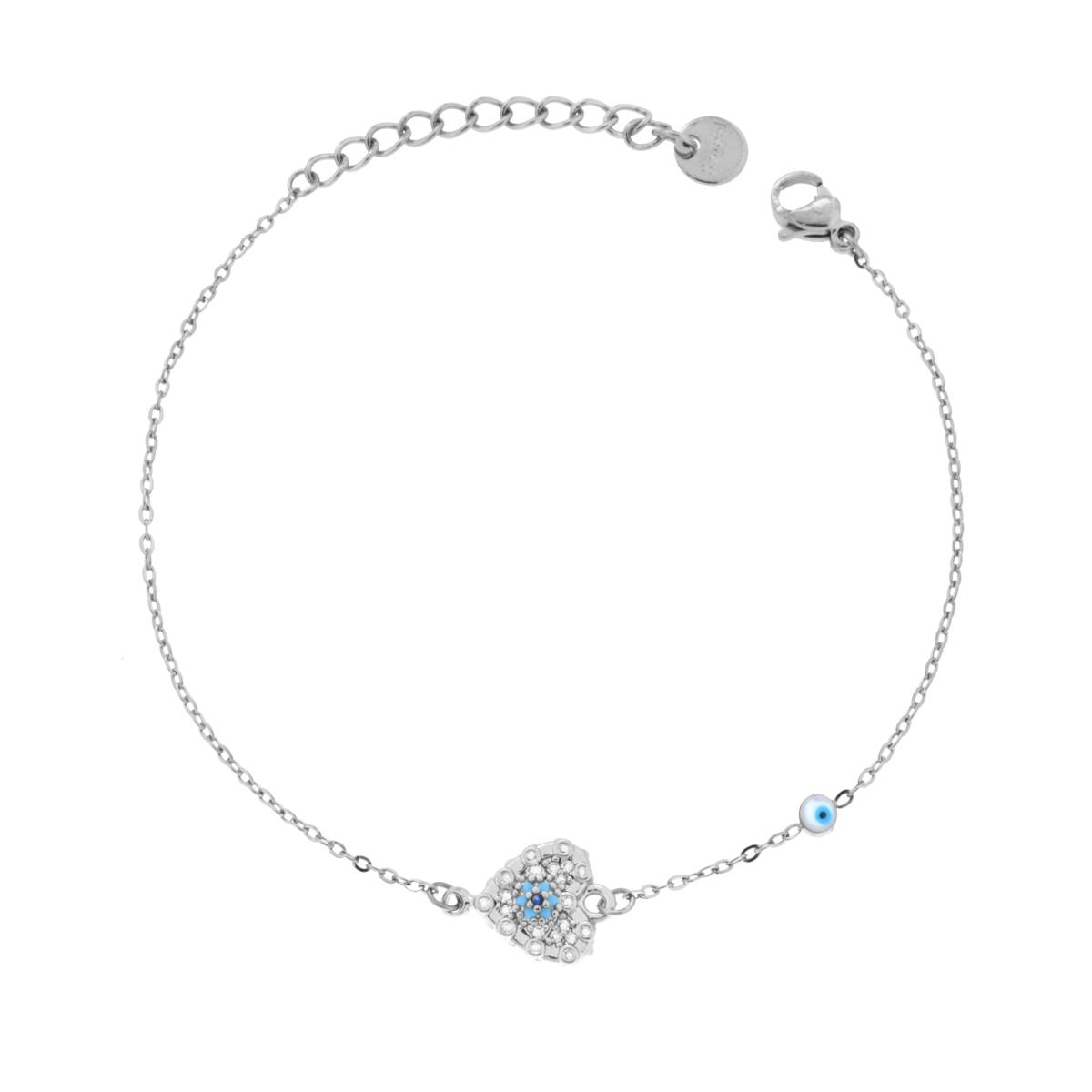 Bracciale Catena Forzatina Diamantata con Cuore e Crystal Bianchi e Smalto Azzurro in ACCIAIO