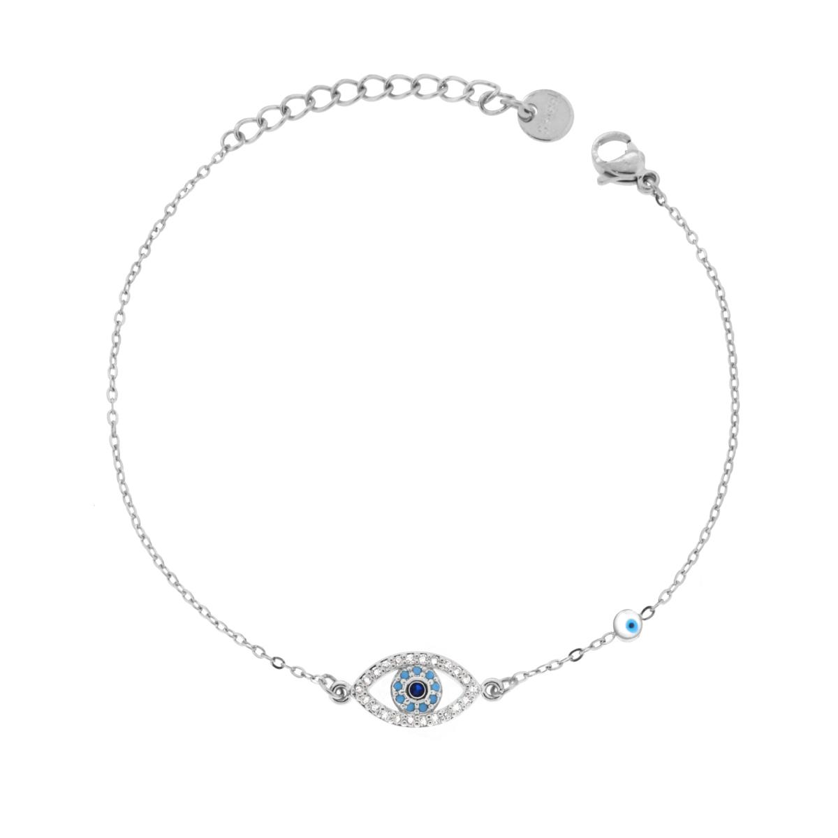 Bracciale Catena Forzatina Diamantata con Occhio e Crystal Bianchi e Smalto Azzurro in ACCIAIO