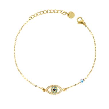 Bracciale Catena Forzatina Diamantata con Occhio e Crystal Bianchi e Smalto Azzurro in ACCIAIO colore Oro