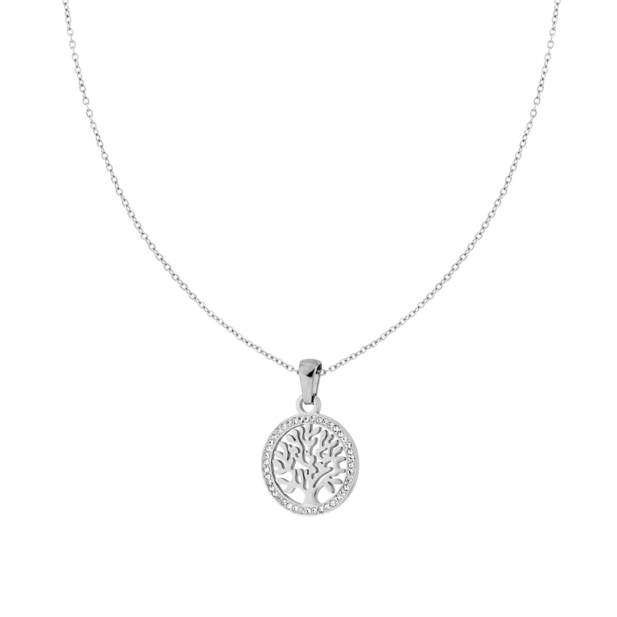 Collana Catena Forzatina Diamantata con Albero della Vita e Crystal Bianchi in ACCIAIO