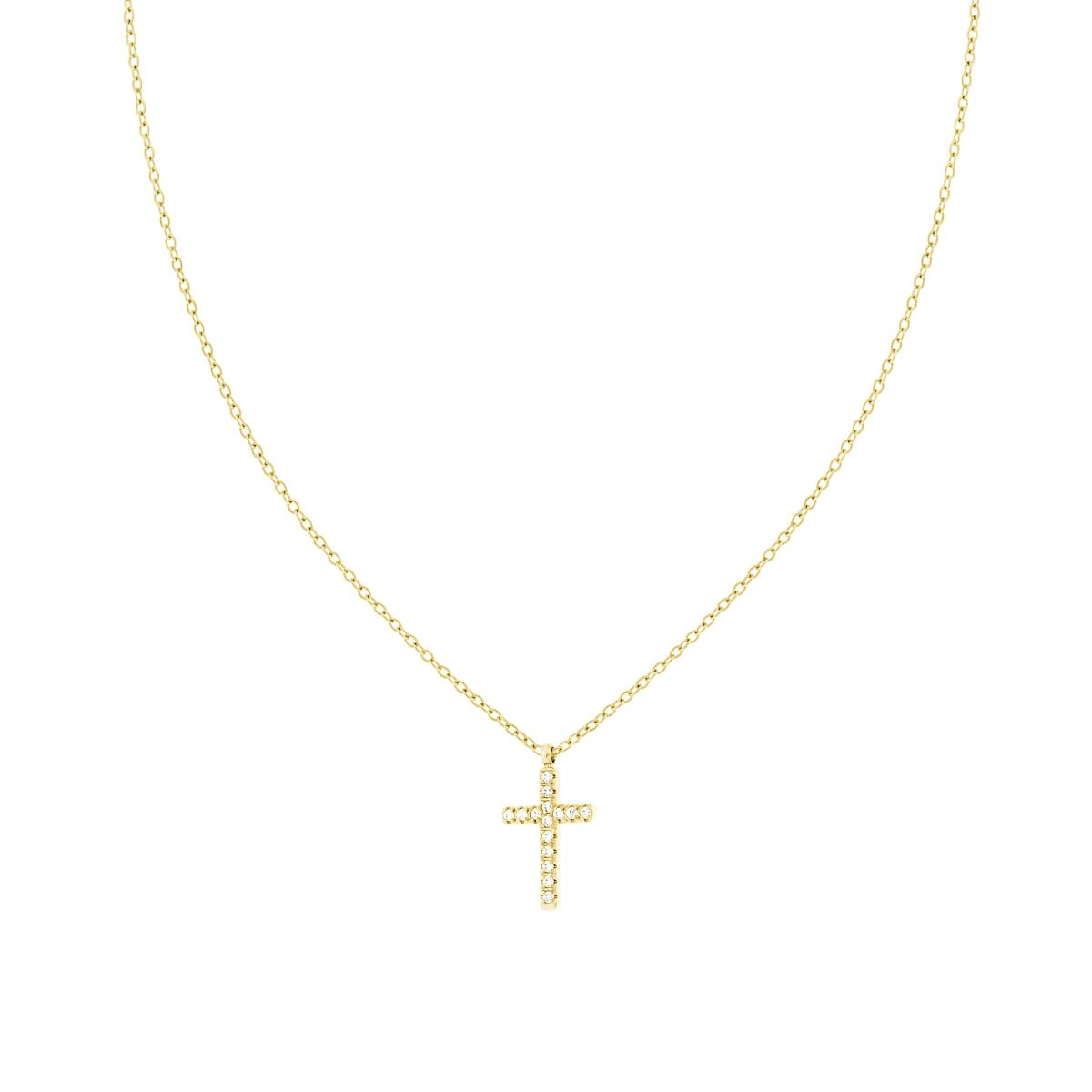 Collana Catena Forzatina Diamantata con Croce e Crystal Bianchi in ACCIAIO colore Oro