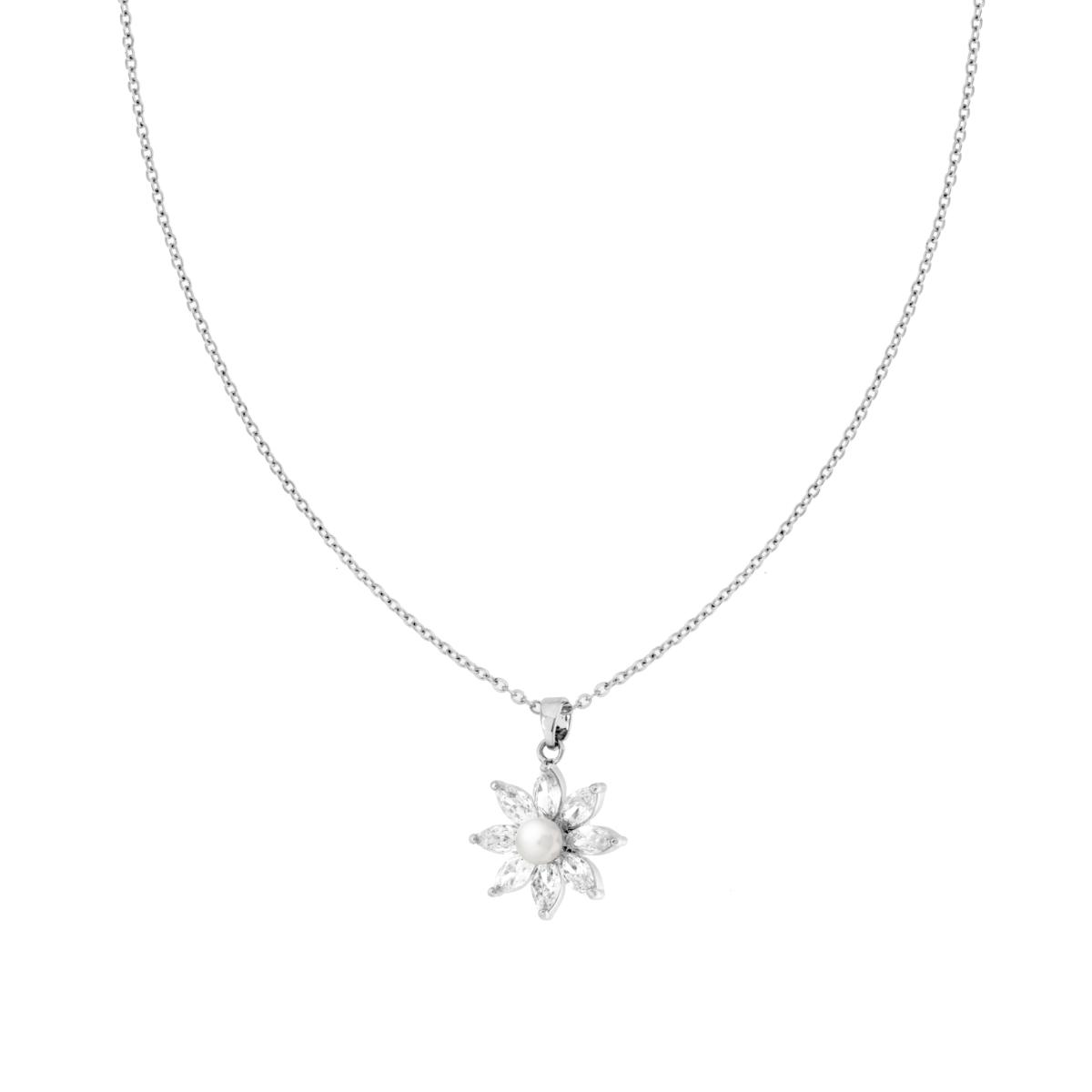Collana Catena Forzatina Diamantata con Fiore Crystal Bianchi e Perla in ACCIAIO