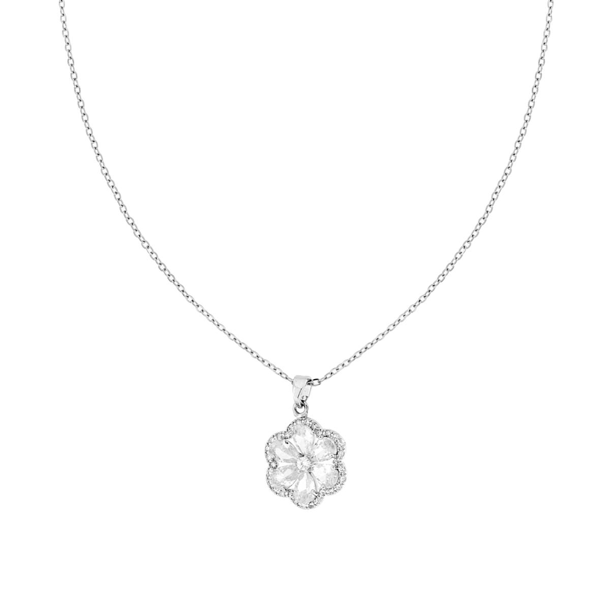 Collana Catena Forzatina Diamantata con Fiore e Crystal Bianchi in ACCIAIO