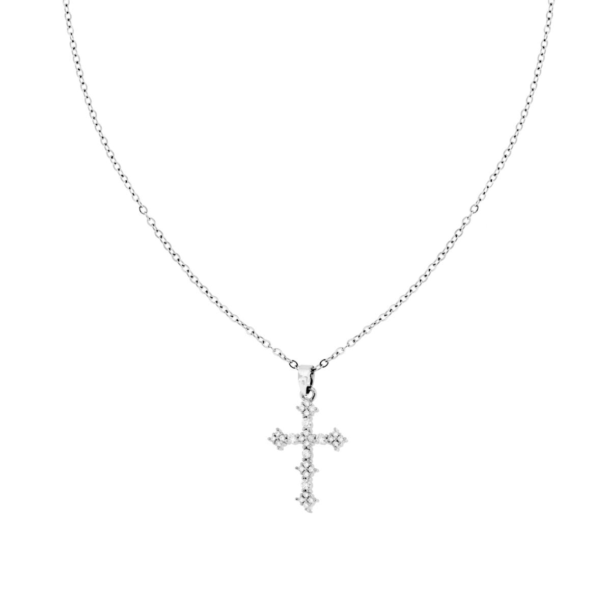 Collana Catena Forzatina Diamantata con Croce e Crystal Bianchi in ACCIAIO