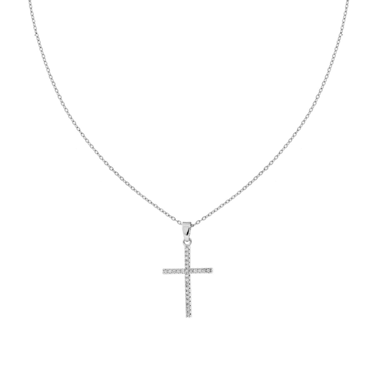 Collana Catena Forzatina Diamantata con Croce e Crystal Bianchi in ACCIAIO