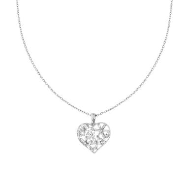 Collana Catena Forzatina Diamantata con Cuore con Fiori e Crystal Bianchi in ACCIAIO
