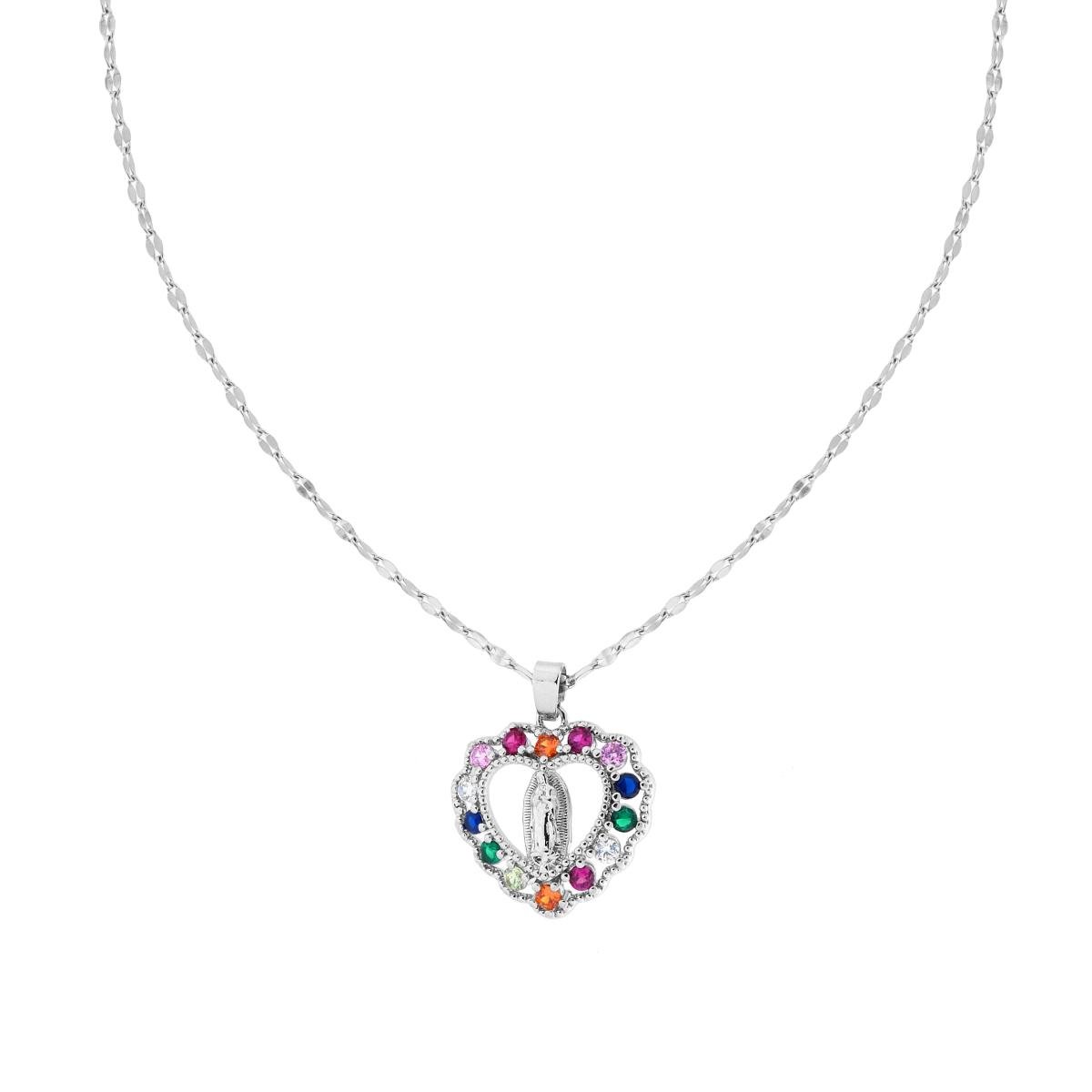 Collana Catena Forzatina Diamantata a Specchio con Cuore Madonna e Crystal multicolor in ACCIAIO