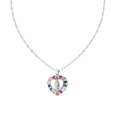 Collana Catena Forzatina Diamantata a Specchio con Cuore Madonna e Crystal multicolor in ACCIAIO