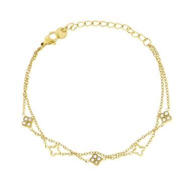 Bracciale due fili Catena Forzatina Diamantata con Quadrifogli e Crystal Bianchi in ACCIAIO colore Oro