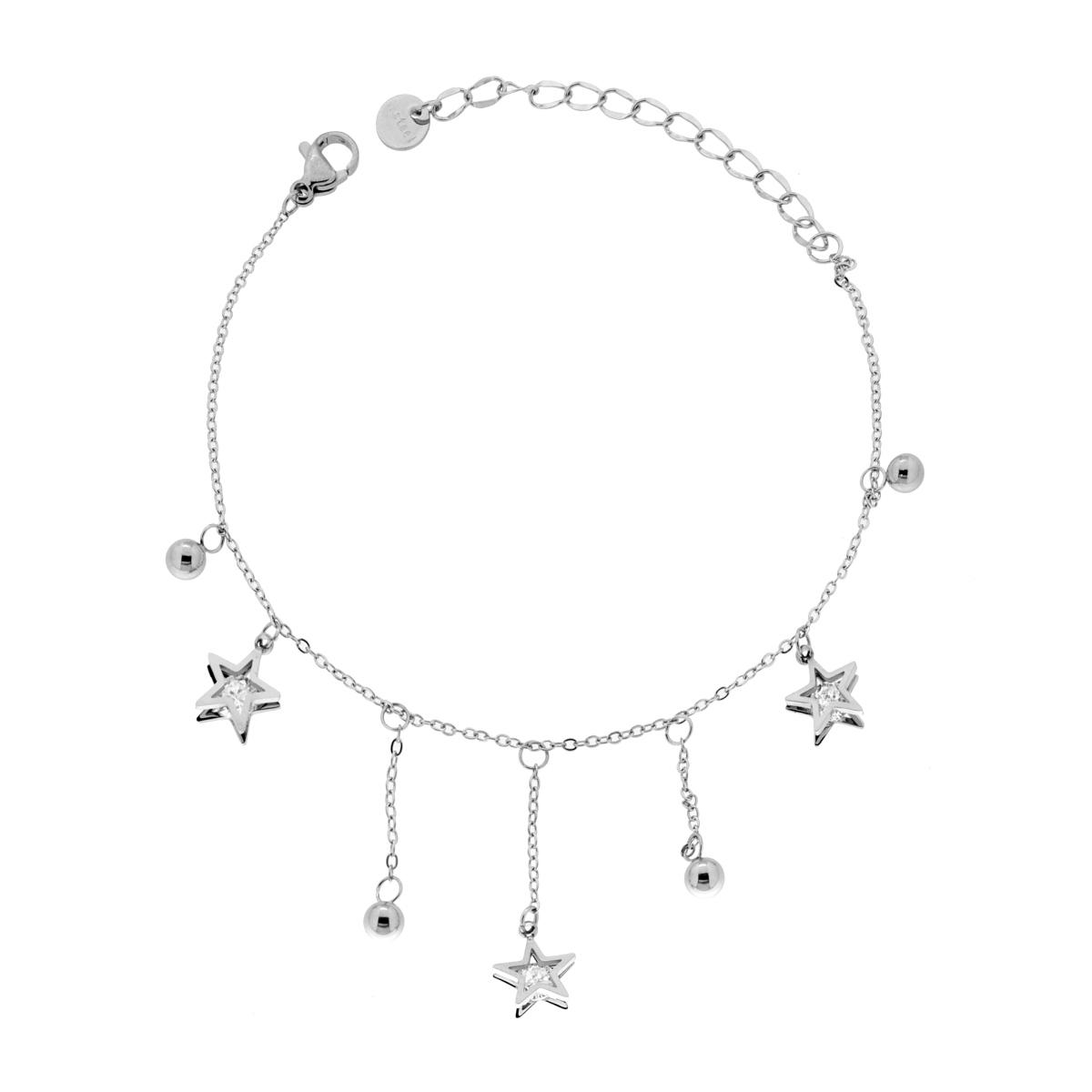 Bracciale Catena Forzatina Diamantata con Stelle e Crystal Bianchi pendenti in ACCIAIO