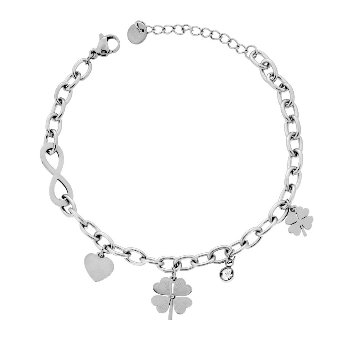 Bracciale Catena Forzatina con Infinito Quadrifogli Cuore in ACCIAIO