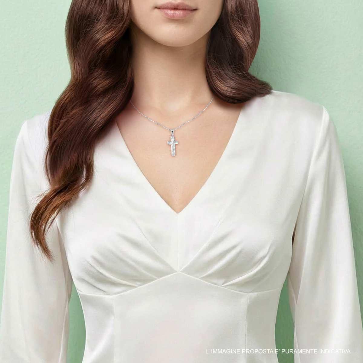 Collana Catena Forzatina Diamantata con Croce e Crystal Bianchi in ACCIAIO