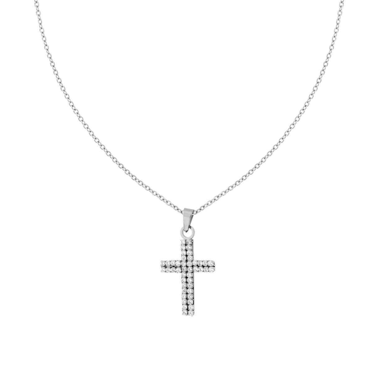 Collana Catena Forzatina Diamantata con Croce e Crystal Bianchi in ACCIAIO