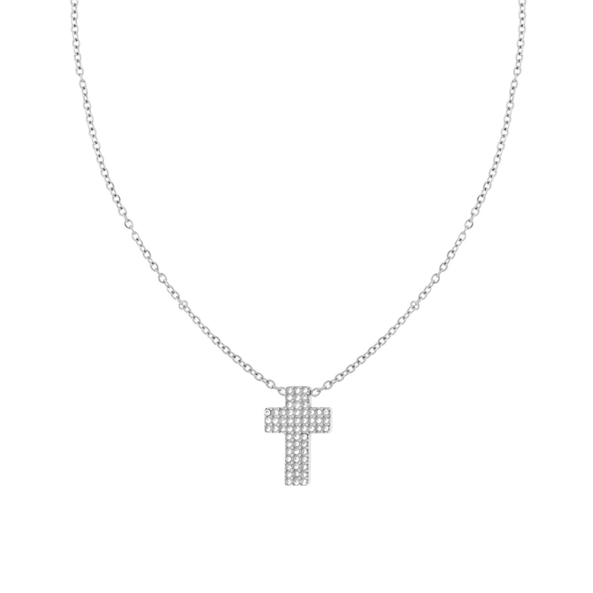 Collana Catena Forzatina Diamantata con Croce e Crystal Bianchi in ACCIAIO