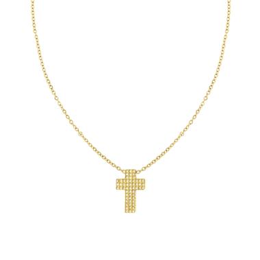 Collana Catena Forzatina Diamantata con Croce e Crystal Bianchi in ACCIAIO colore Oro