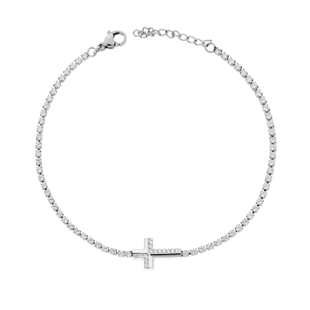 Bracciale Tennis con Croce Centrale e Crystal Bianchi in ACCIAIO
