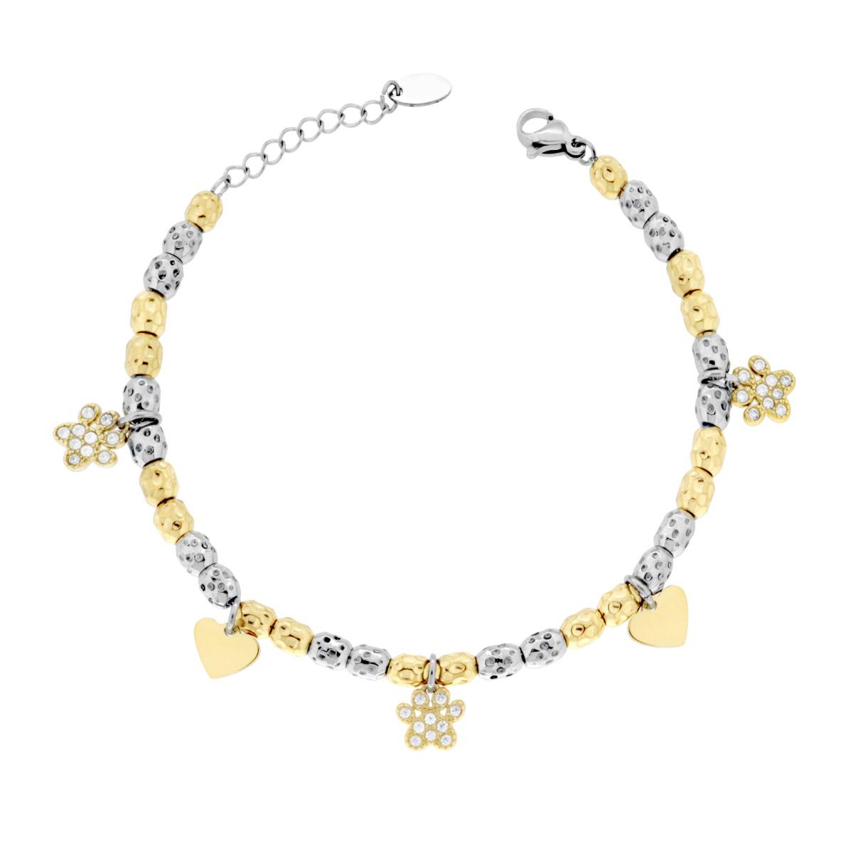 Bracciale Catena con Ovali colore Oro effetto martellato con Impronta Zampa Cuori e Crystal Bianchi in ACCIAIO
