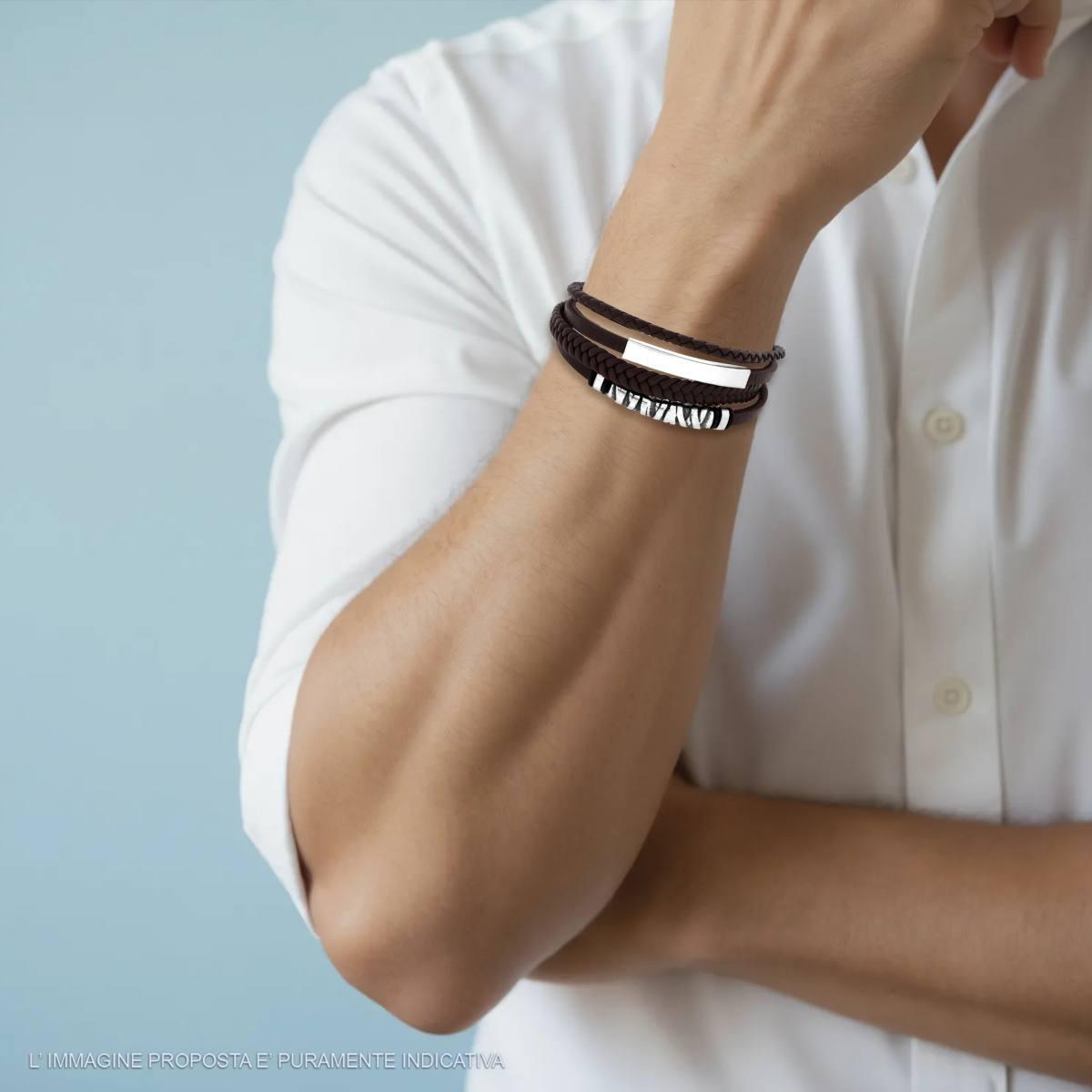 Bracciale Uomo Multifilo in Ecopelle Marrone con Targhe in ACCIAIO