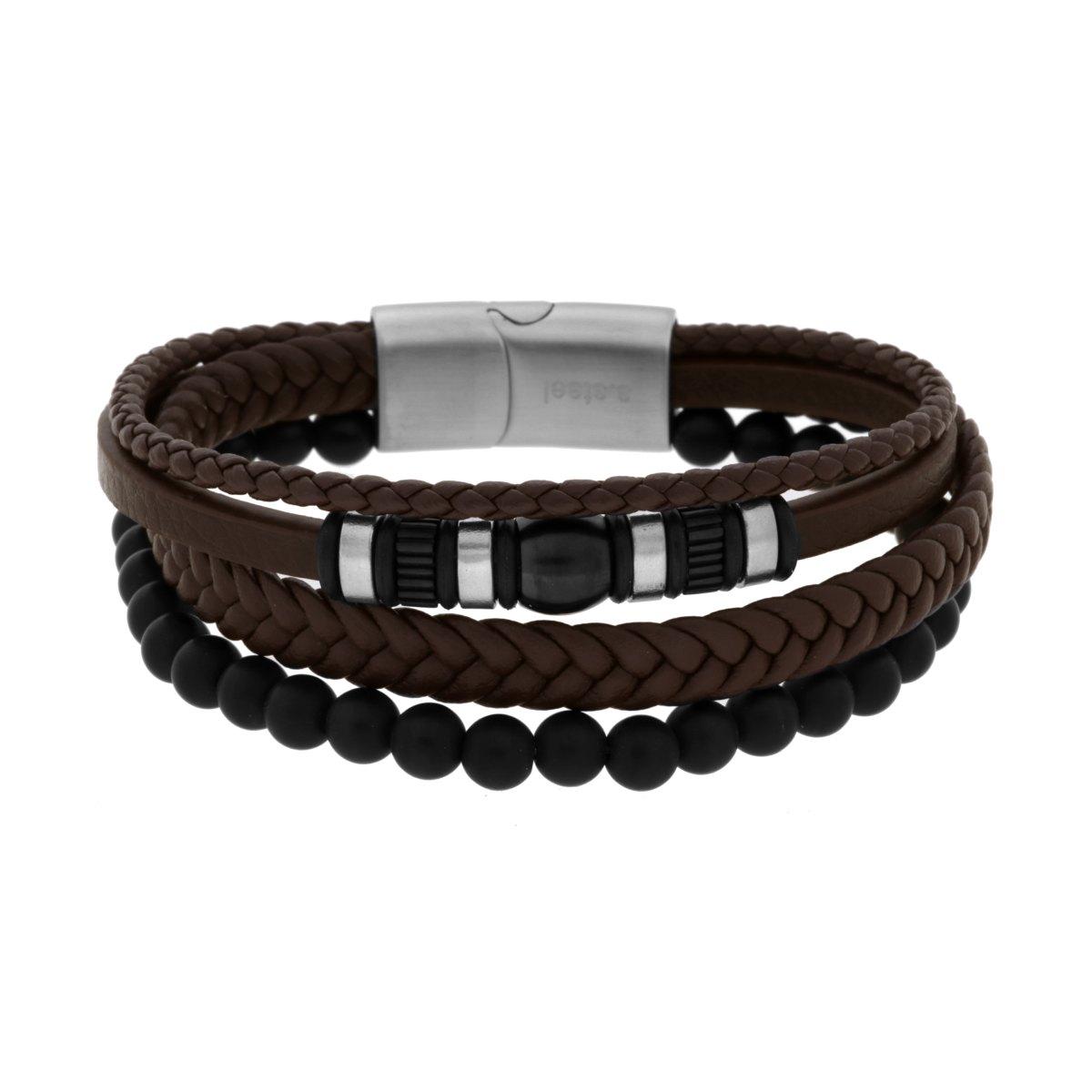 Bracciale Uomo Multifilo in Ecopelle Marrone con Palline e Accessori Neri in ACCIAIO