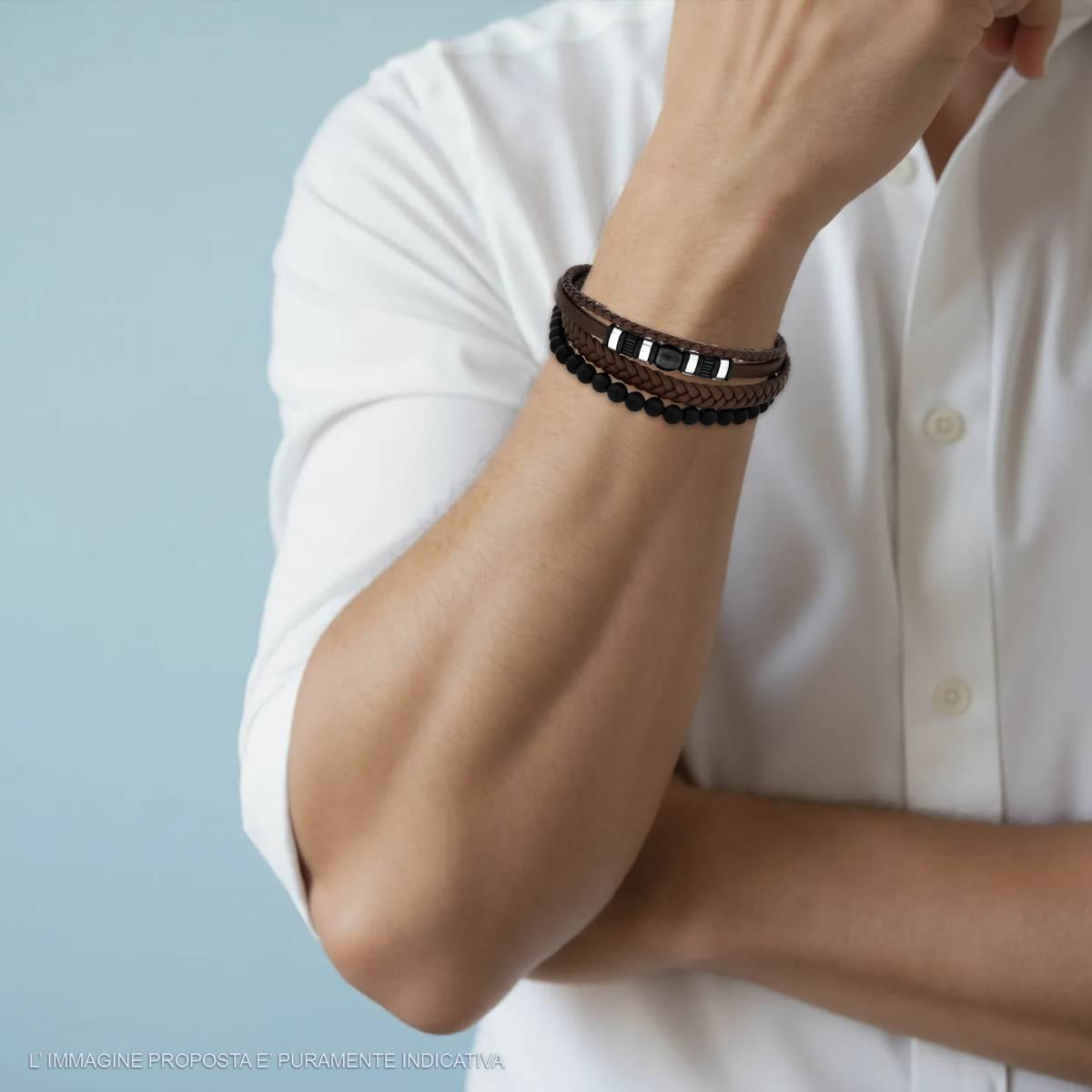Bracciale Uomo Multifilo in Ecopelle Marrone con Palline e Accessori Neri in ACCIAIO