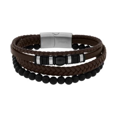 Bracciale Uomo Multifilo in Ecopelle Marrone con Palline e Accessori Neri in ACCIAIO