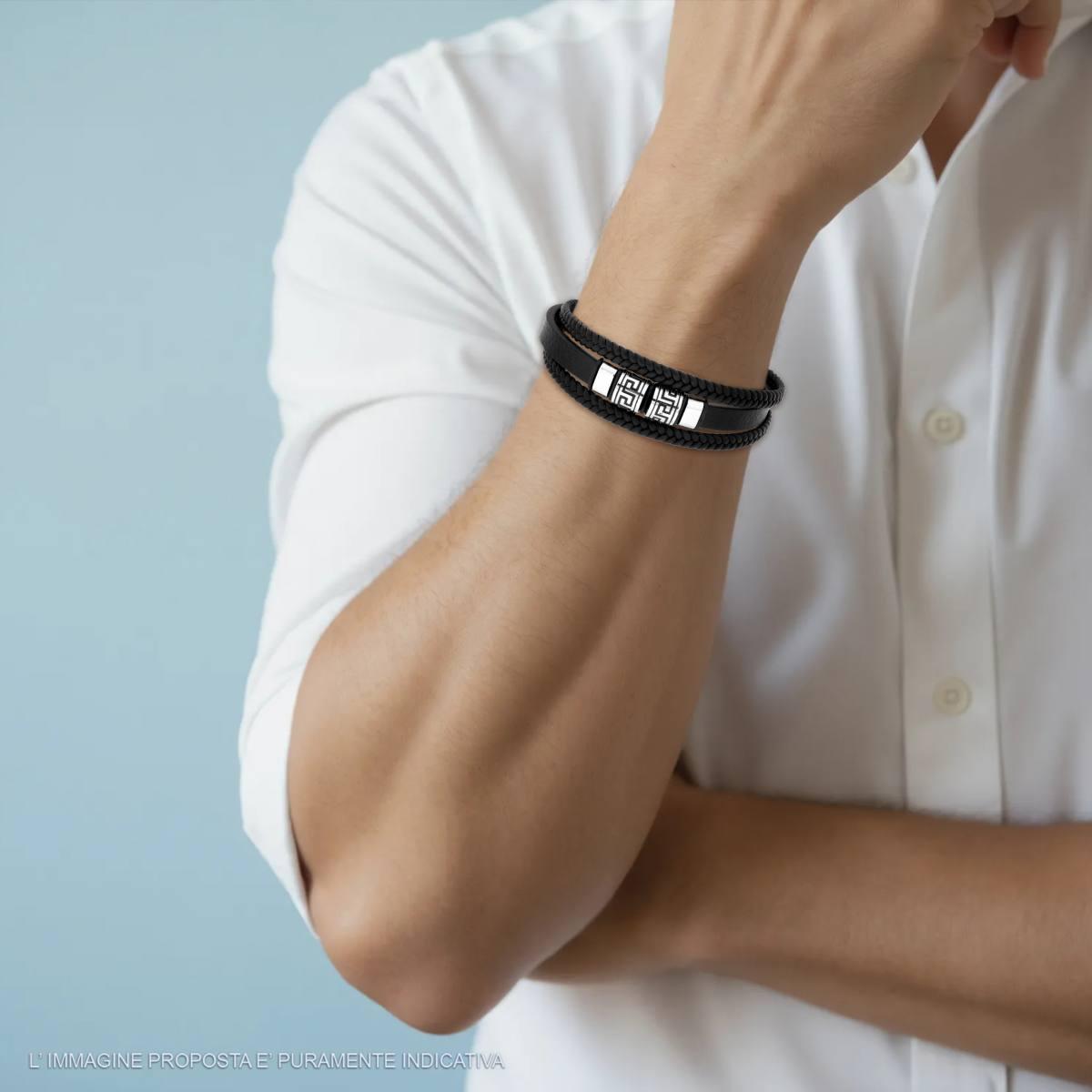 Bracciale Uomo Multifilo in Ecopelle Nero con Accessori in ACCIAIO