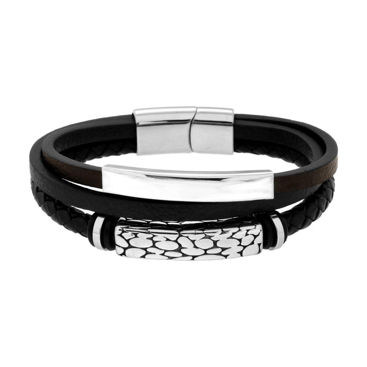 Bracciale Uomo Multifilo in Ecopelle Nero con Targhe in ACCIAIO
