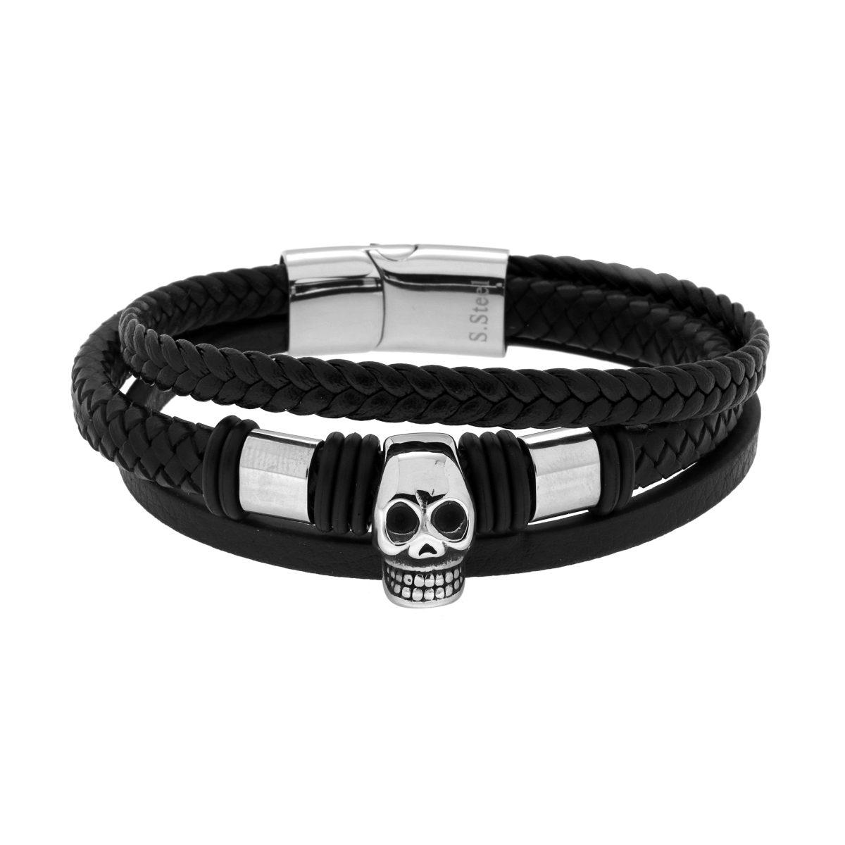 Bracciale Uomo Multifilo in Ecopelle Nero con Teschio in ACCIAIO