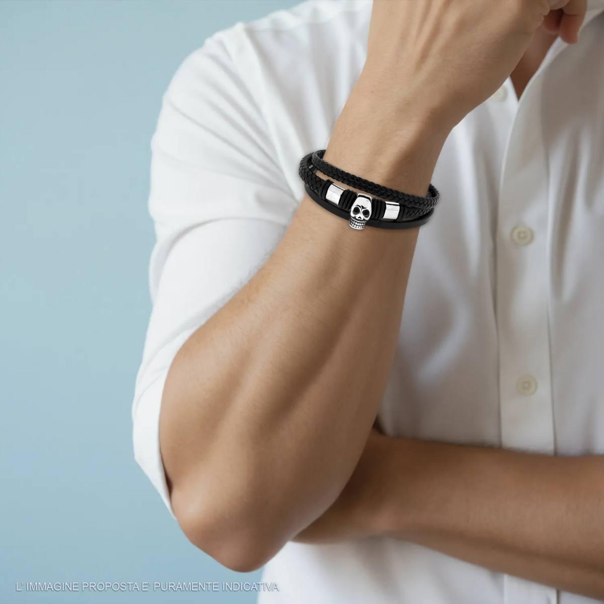 Bracciale Uomo Multifilo in Ecopelle Nero con Teschio in ACCIAIO