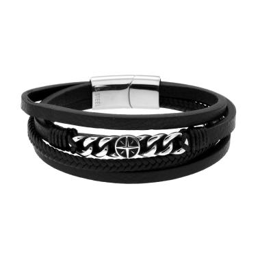 Bracciale Uomo Multifilo in Ecopelle Nero con Catena Grumetta e Rosa dei Venti in ACCIAIO