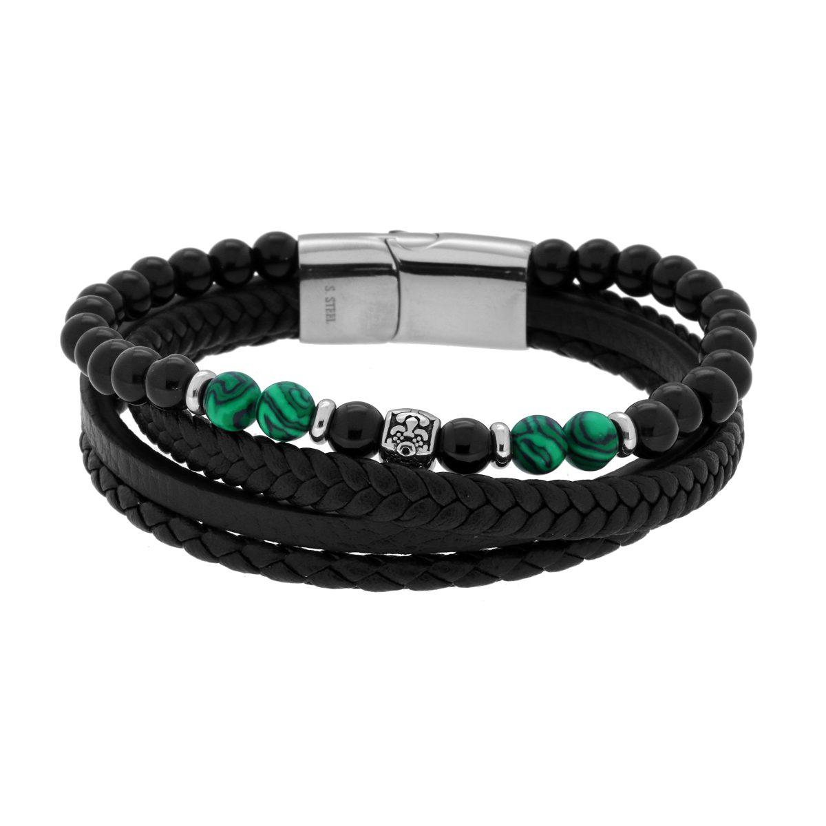 Bracciale Uomo Multifilo in Ecopelle Nero con Palline Nere e Verde Malachite in ACCIAIO