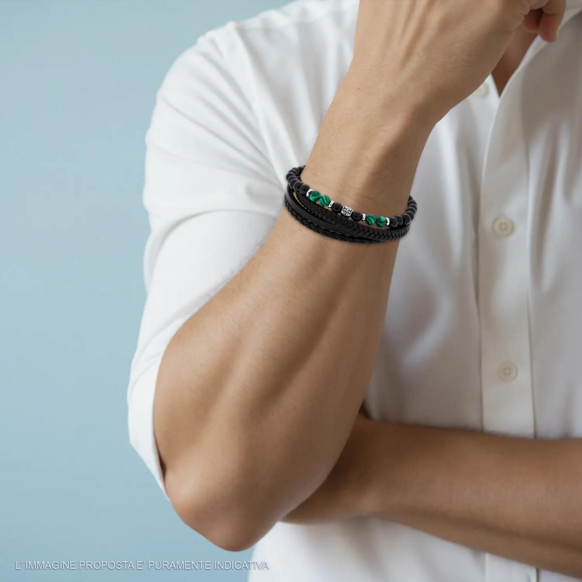 Bracciale Uomo Multifilo in Ecopelle Nero con Palline Nere e Verde Malachite in ACCIAIO