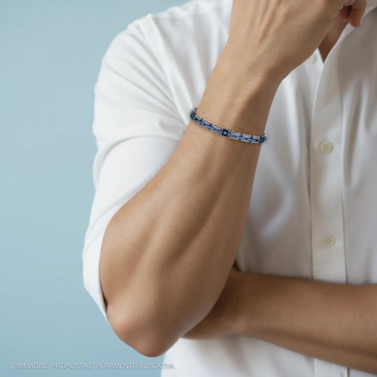 Bracciale Uomo Maglia Imperniata in Ceramica Antracite e colore Blu con Crystal Bianchi in ACCIAIO