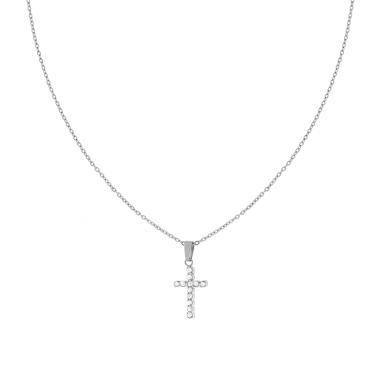 Collana Catena Forzatina Diamantata con Croce e Crystal Bianchi in ACCIAIO