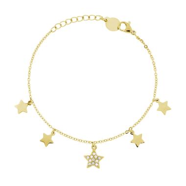 Bracciale Catena Forzatina Diamantata con Stelle plain pendenti e Crystal Bianchi in ACCIAIO colore Oro