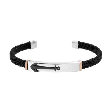 Bracciale Uomo Semirigido con Rete Metallica Nera e Targa con Ancora Nera in ACCIAIO
