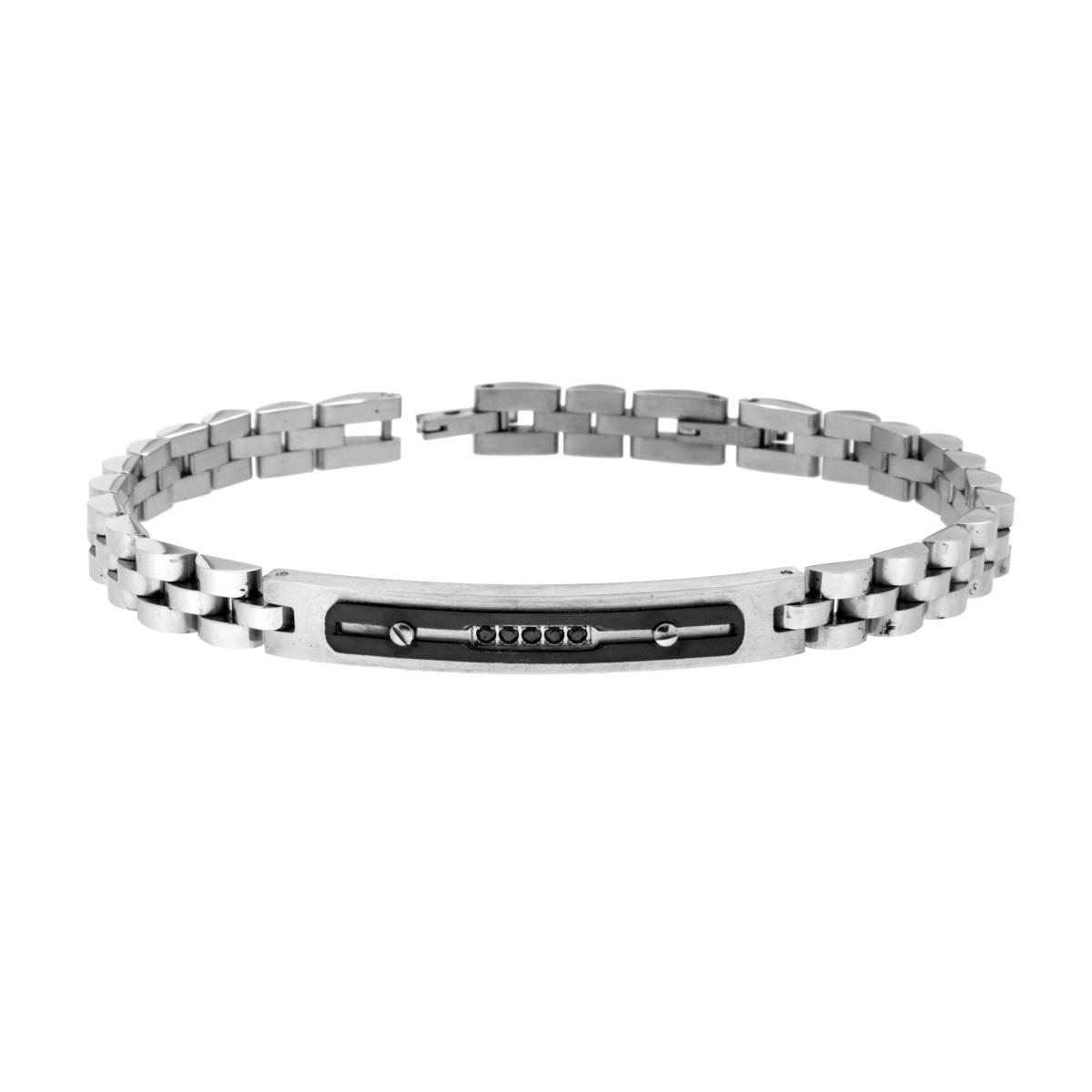 Bracciale Uomo Maglia Imperniata Con Targa Nera e Crystal Neri in ACCIAIO