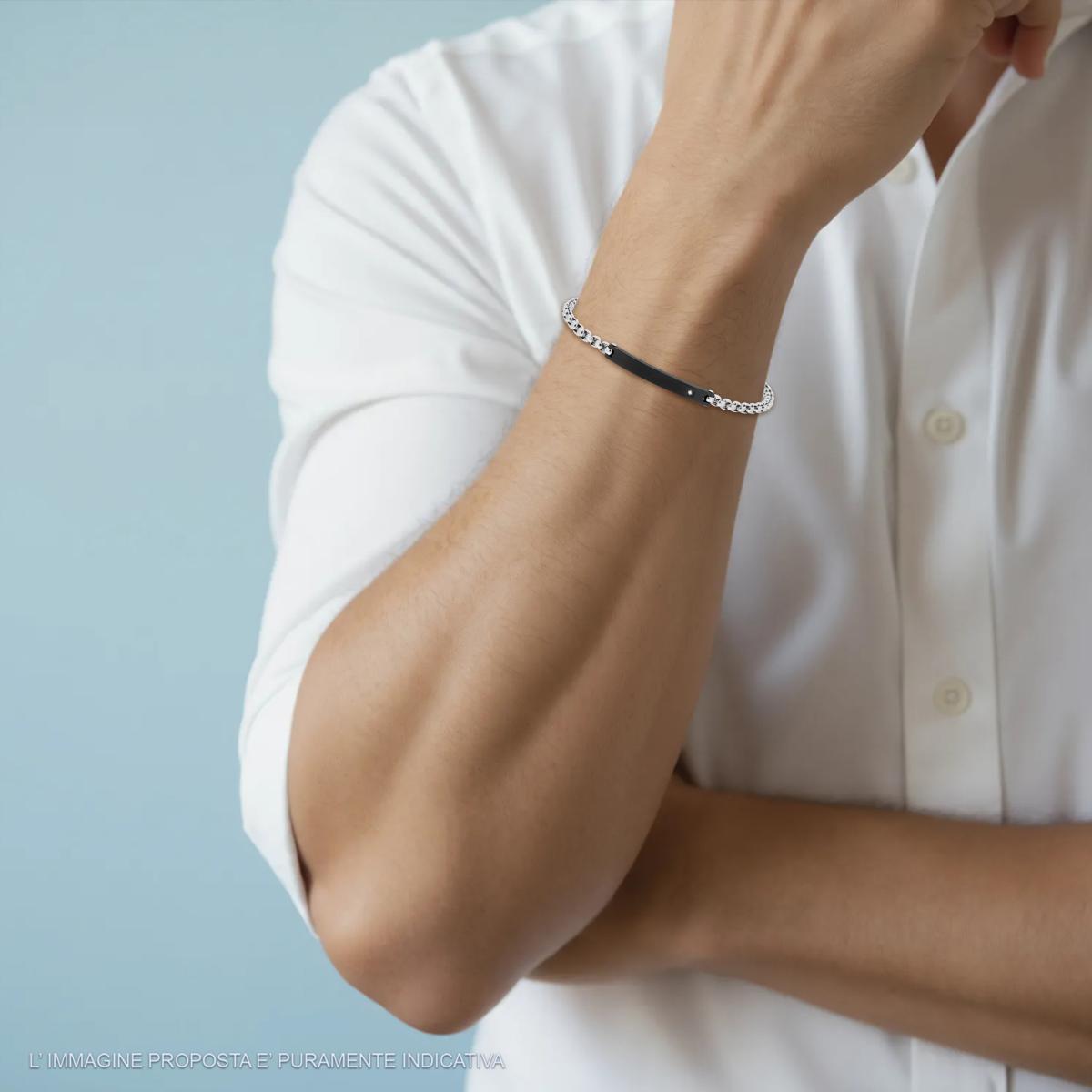 Bracciale Uomo Catena Veneziana Tonda con Targa Nera e Crystal Bianco in ACCIAIO