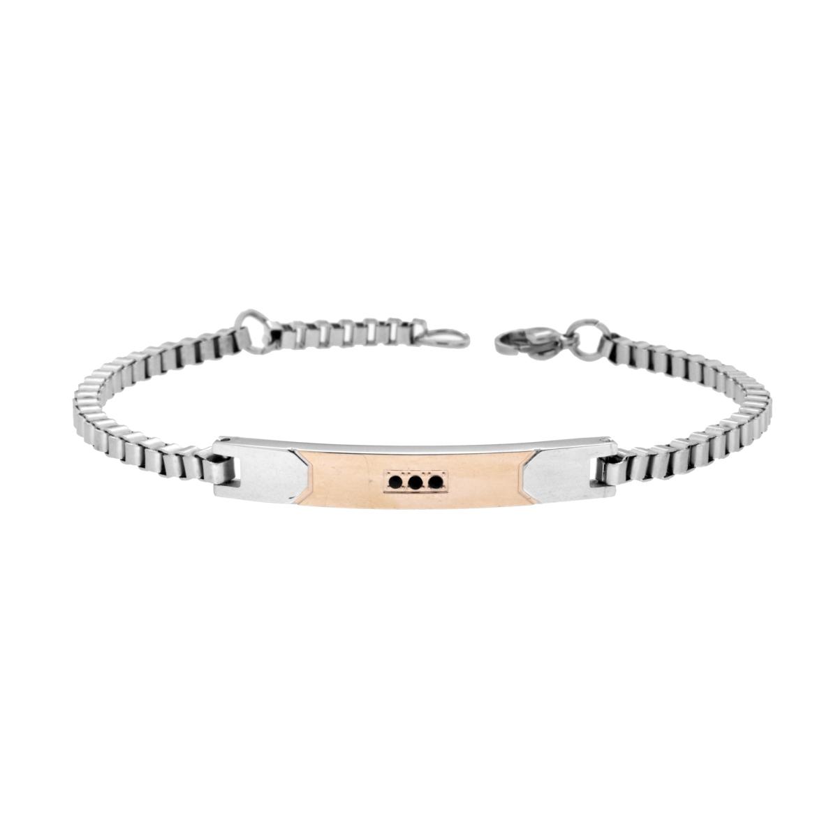 Bracciale Uomo Catena Veneziana con Targa Rosa e Crystal Neri in ACCIAIO