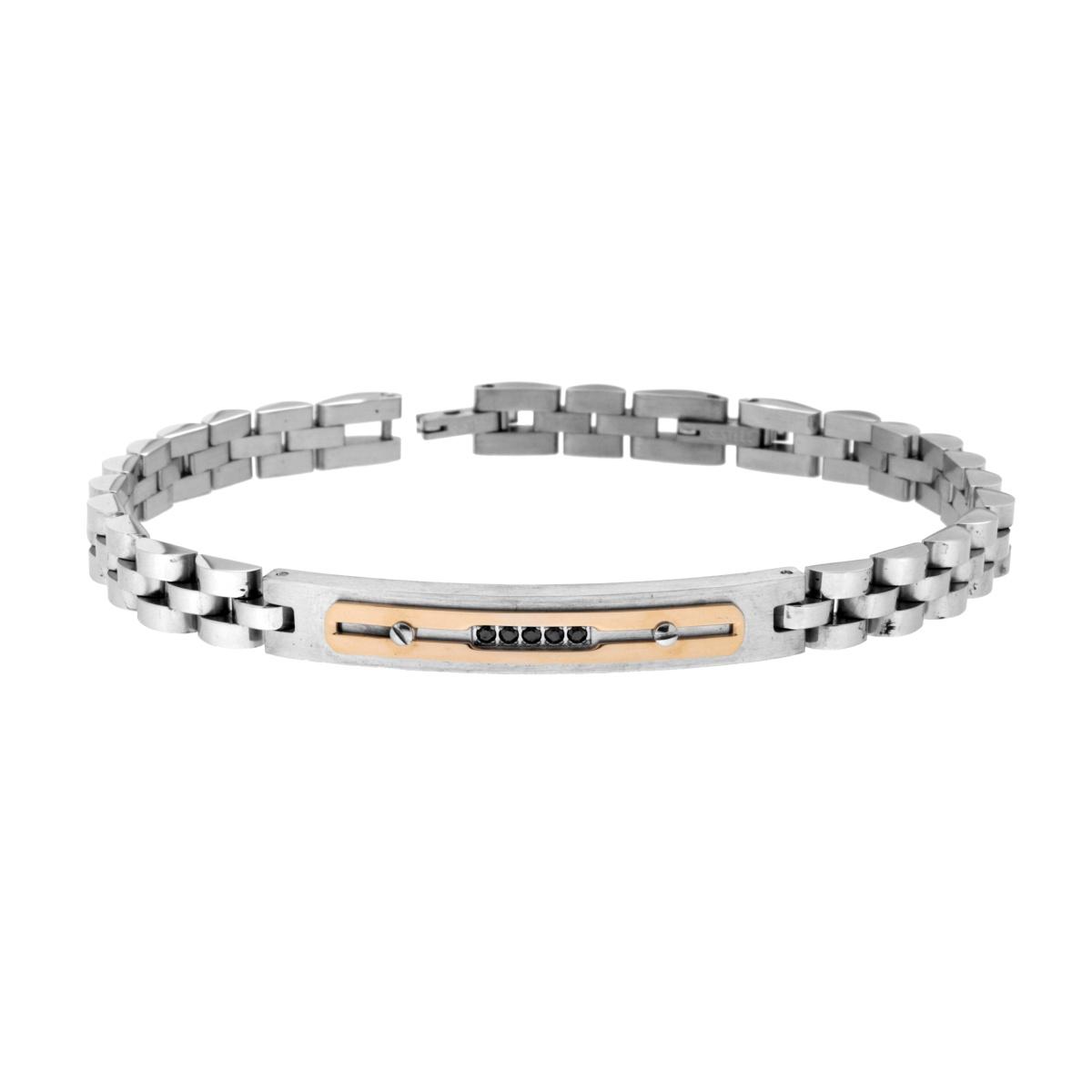 Bracciale Uomo Maglia Imperniata Con Targa Rosa e Crystal Neri in ACCIAIO