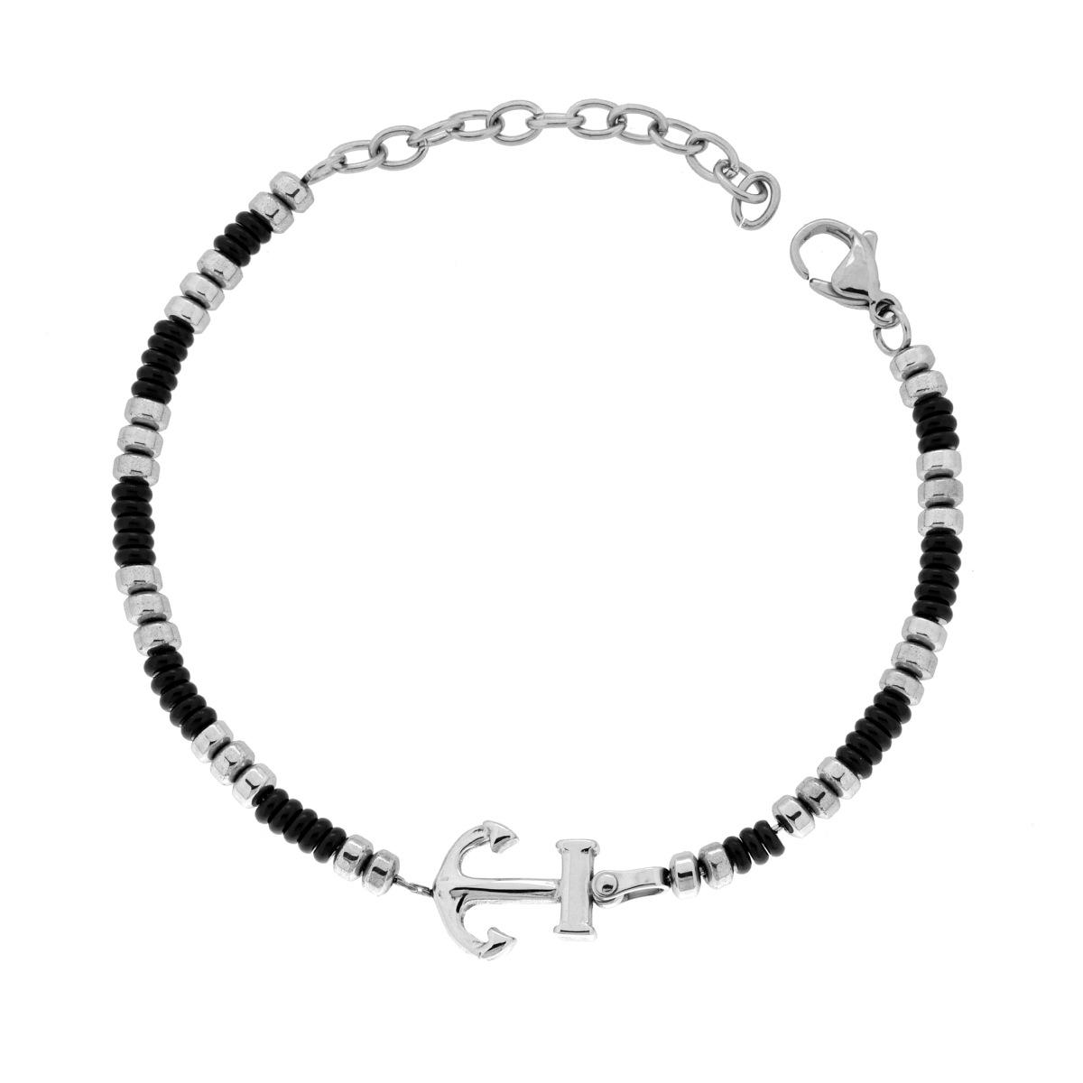 Bracciale Uomo Catena di Anelletti Neri e Ancora in ACCIAIO