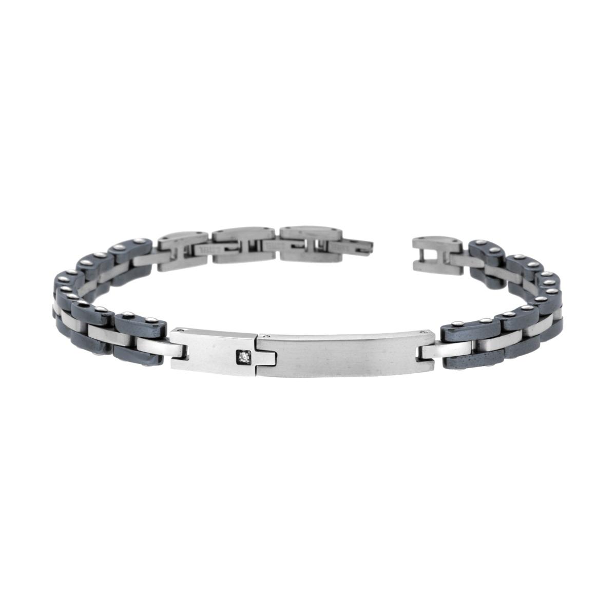 Bracciale Uomo Maglia Imperniata con Ceramica Antracite Targa e Crystal Bianco in ACCIAIO